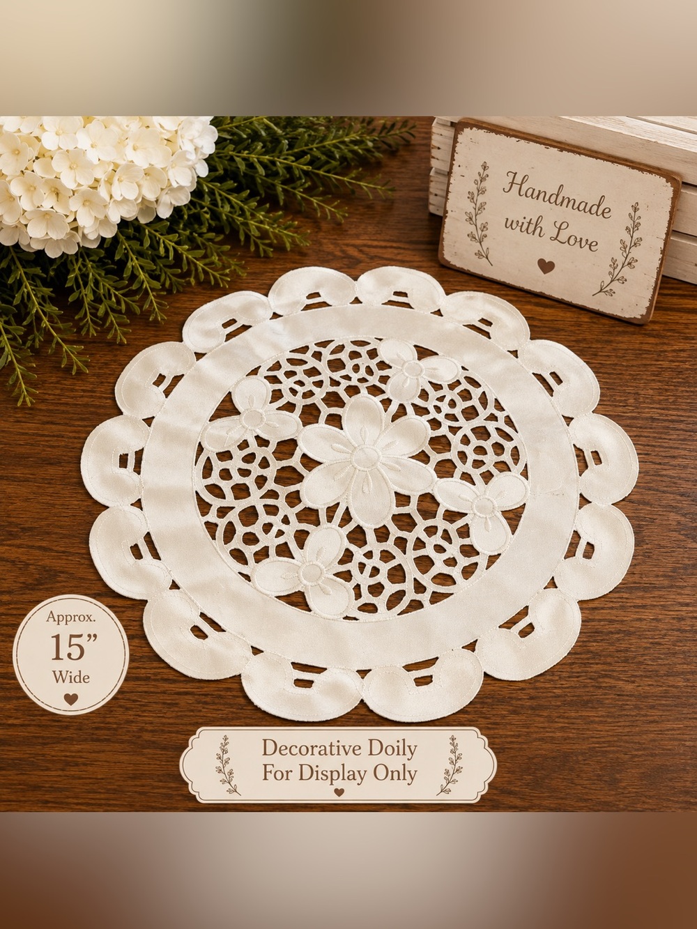 Source Unknown White Floral Cutwork Decorative Doily